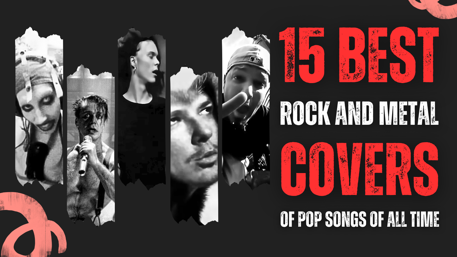 Editorial collage featuring Marilyn Manson, Rammstein, HIM, Korn, and Limp Bizkit for an article about the best rock and metal covers of pop songs.