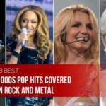 Editorial collage for an article about the best 2000s pop hits covered in rock and metal, featuring four major pop artists