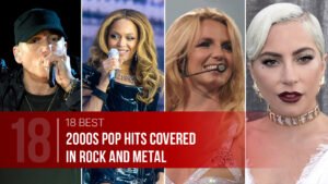 Editorial collage for an article about the best 2000s pop hits covered in rock and metal, featuring four major pop artists