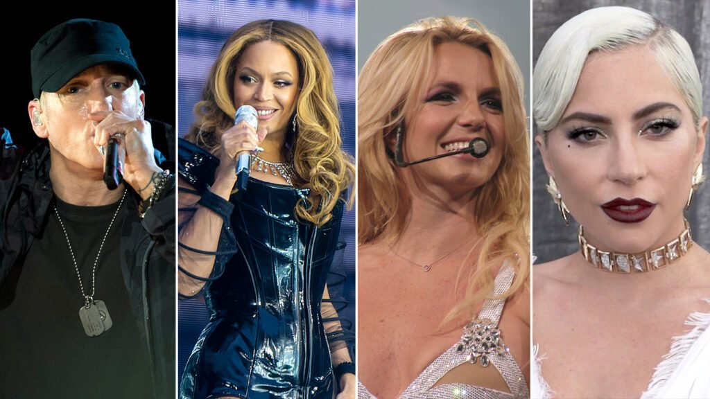 Editorial collage for an article about the best 2000s pop hits covered in rock and metal, featuring four major pop artists