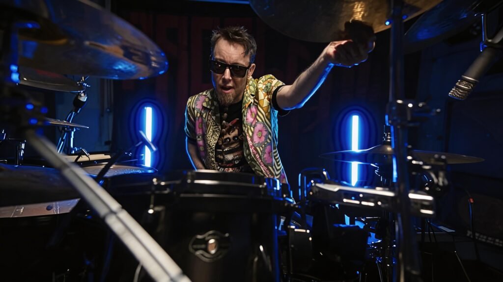 Leo Moracchioli playing drums in Frog Leap Studios during a high-energy performance