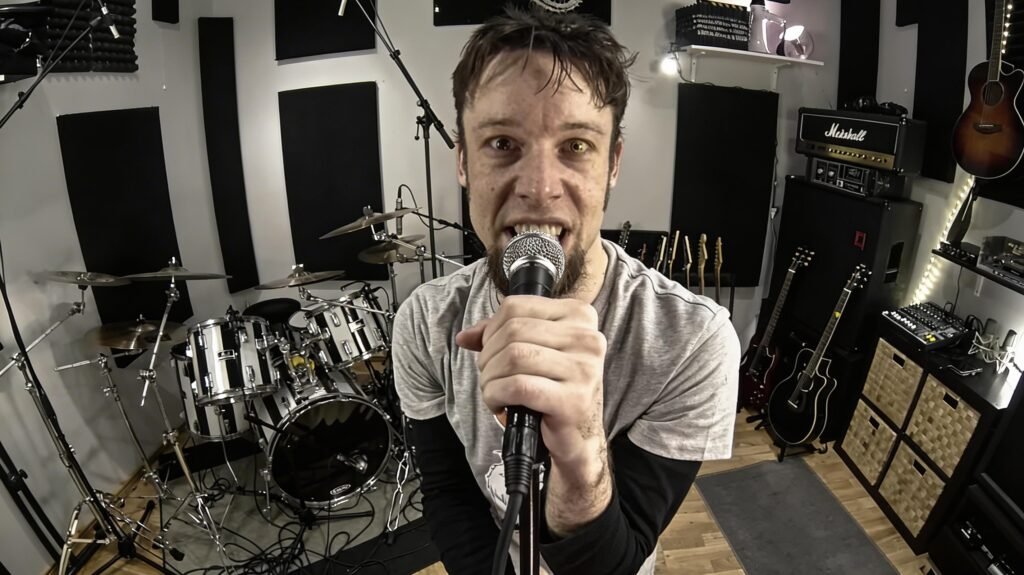 Leo Moracchioli singing into a microphone inside Frog Leap Studios