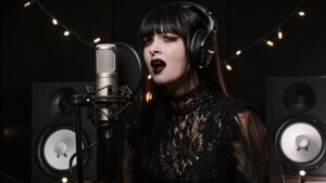 MAPHRA singing in a dark studio during her “Doomed” vocal cover performance