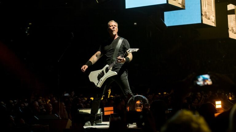 James Hetfield performing live at The O2 in 2017 in a featured image for a Metallica covers article