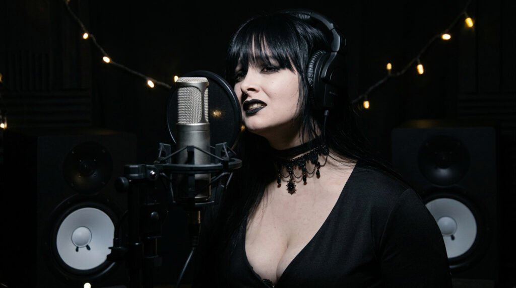 MAPHRA recording a vocal cover of The Plot In You’s Silence in a dark studio setting