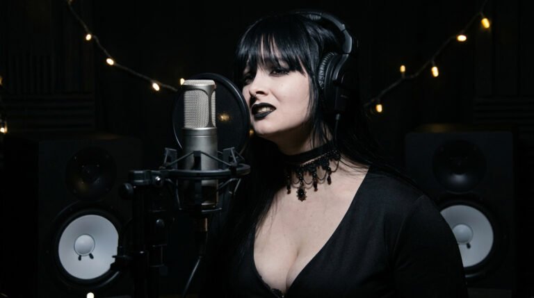 MAPHRA recording a vocal cover of The Plot In You’s Silence in a dark studio setting
