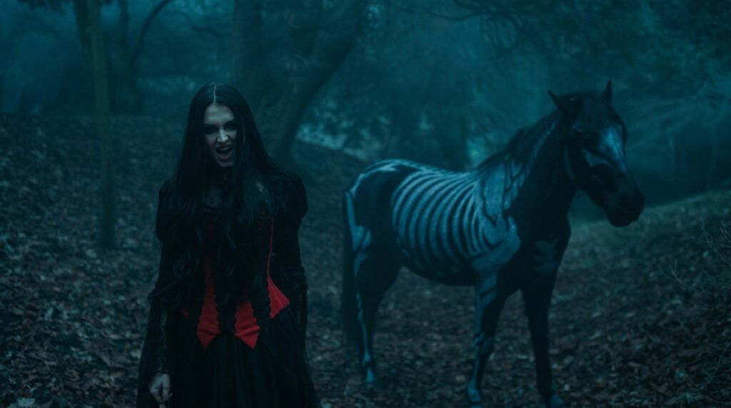 Daria Zaritskaya in a dark forest scene from The Rock Orchestra's Thunderstruck cover